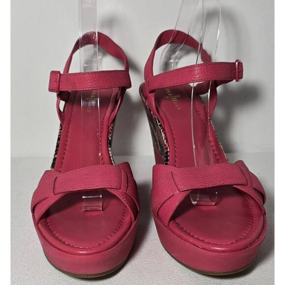 Cole Haan Paley Sz 9.5 Punch Pink Leather Snake Print Snakeskin Wedge Heels - Picture 3 of 10